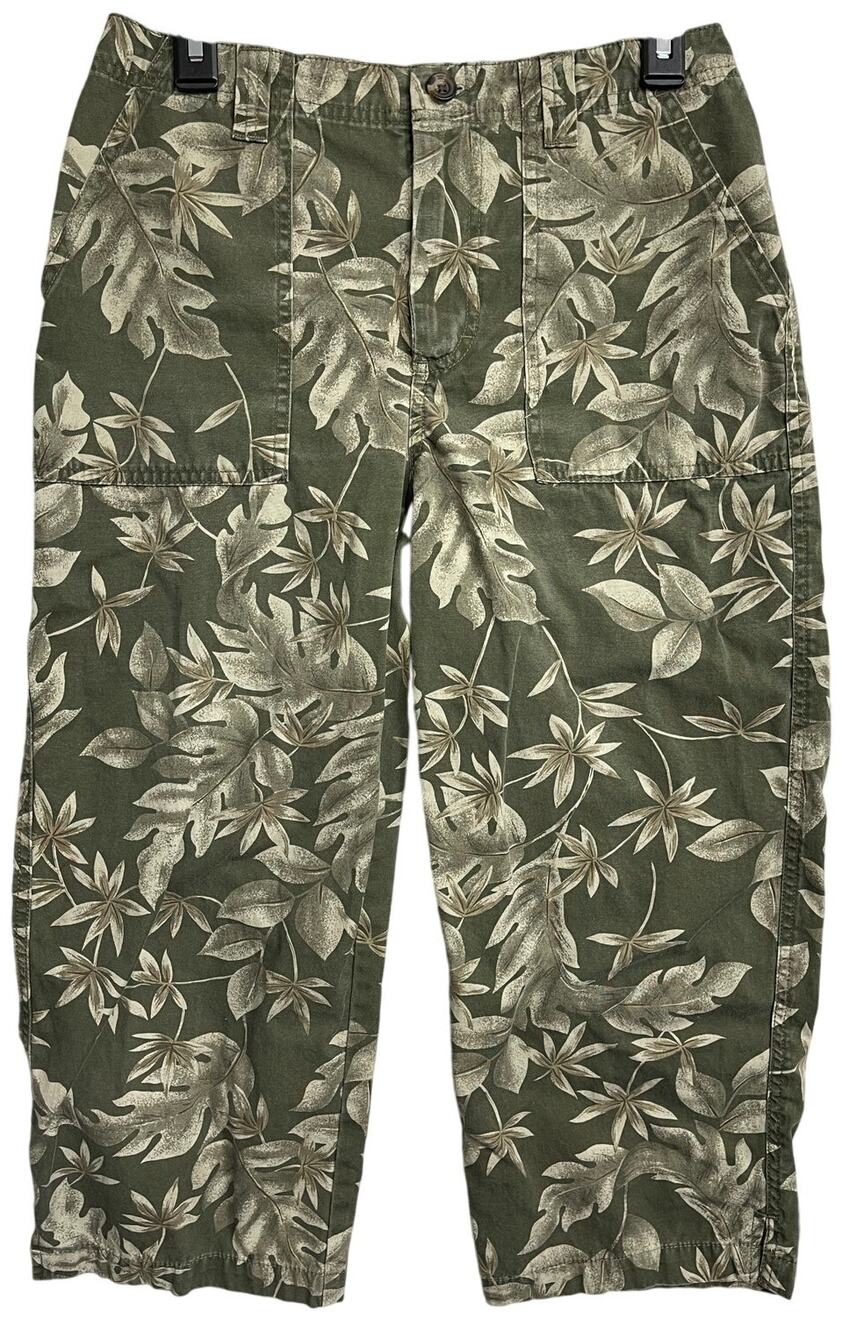 Gloria Vanderbilt Cropped Pants Size 8 Green Floral 100 Cotton MISSING BUTTON